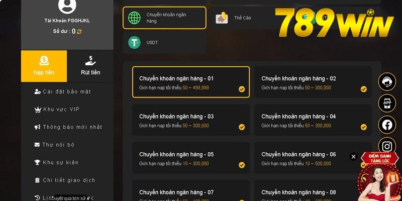 Nạp tiền 789win thông qua giao dịch ngân hàng có liên kết với nhà cái